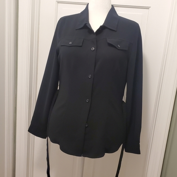 New York & Company Black Button Front With Tie Shirt Size Large - Picture 6 of 9